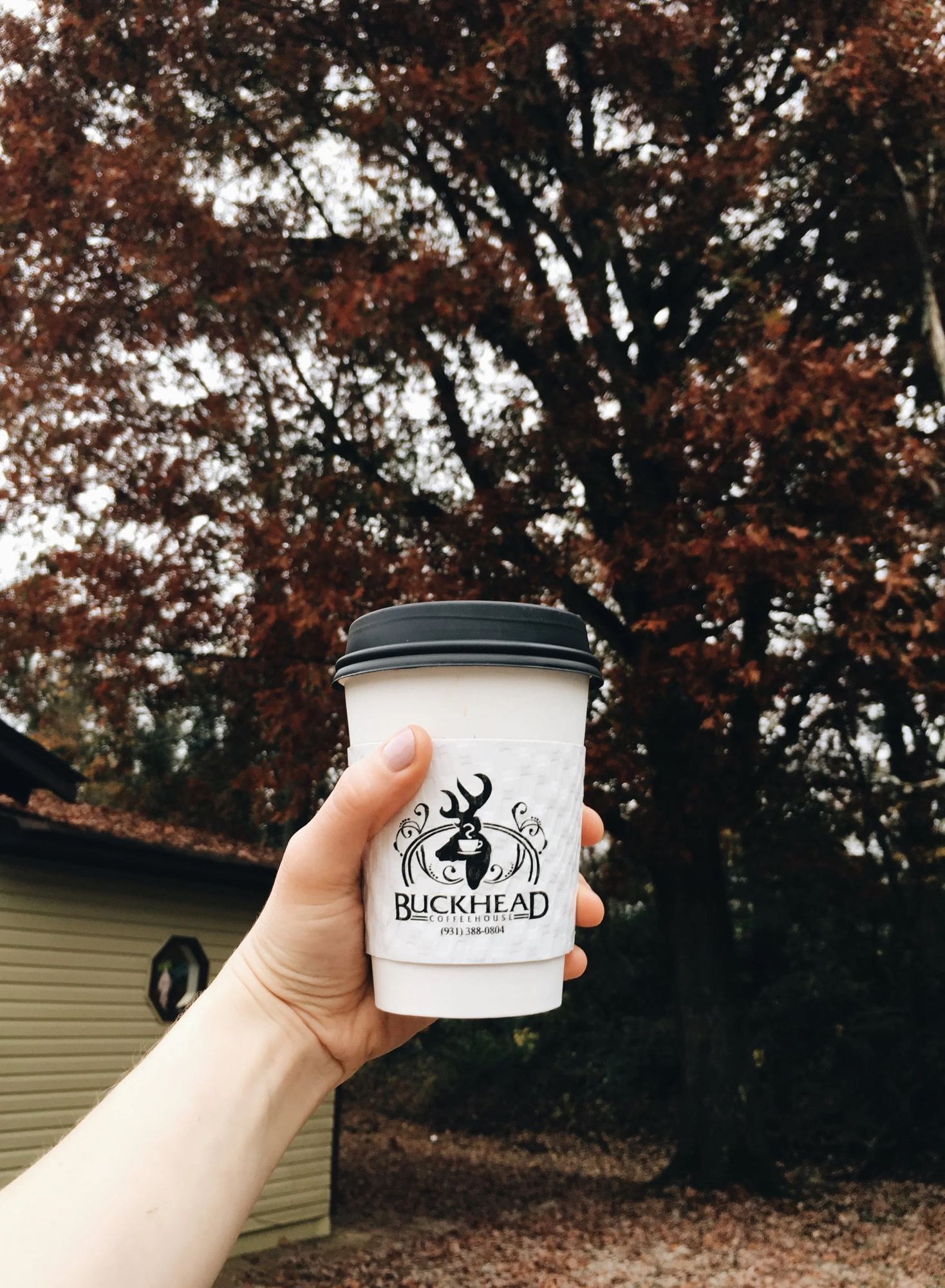 A Buckhead to-go cup held up against fall trees on Trotwood Avenue